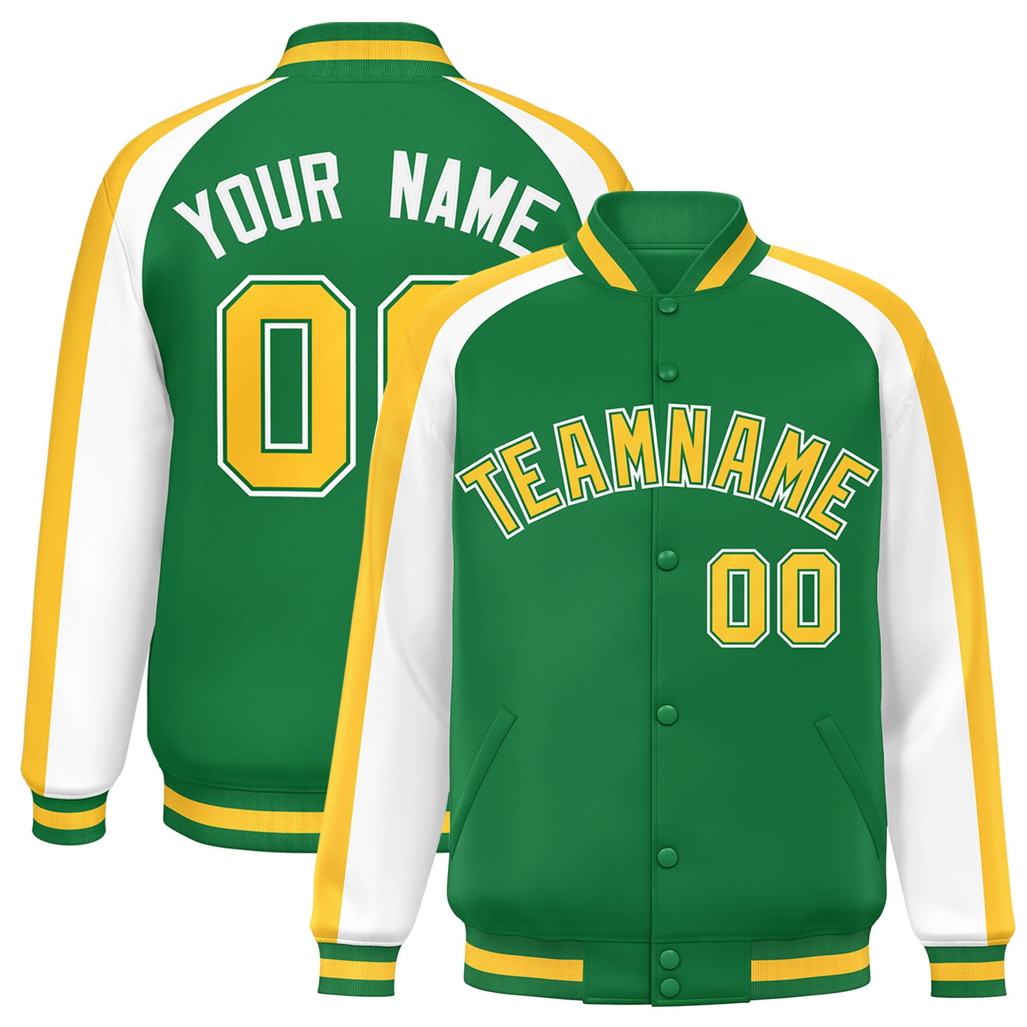 Custom Kelly Green White Varsity Full-Snap Color Block Personalized Raglan Sleeves Letterman Jacket