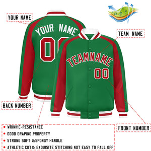 Custom Kelly Green Red Varsity Full-Snap Color Block Personalized Raglan Sleeves Letterman Jacket