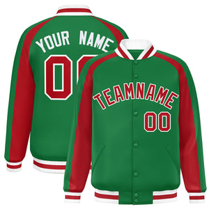 Custom Kelly Green Red Varsity Full-Snap Color Block Personalized Raglan Sleeves Letterman Jacket