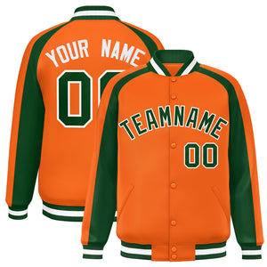 Custom Orange Green Varsity Full-Snap Color Block Personalized Raglan Sleeves Letterman Jacket