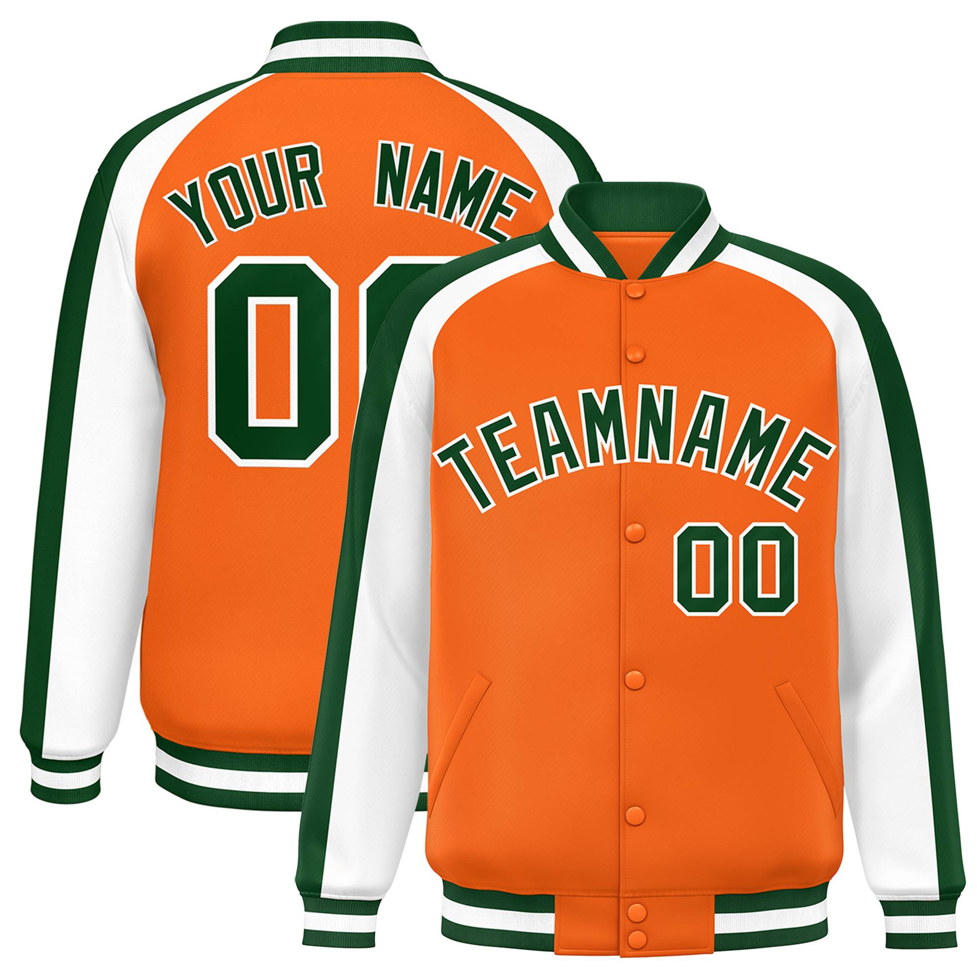 Custom Orange White Varsity Full-Snap Color Block Personalized Raglan Sleeves Letterman Jacket