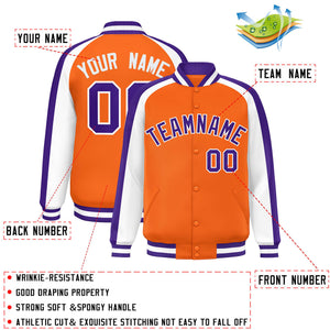 Custom Orange White Varsity Full-Snap Color Block Personalized Raglan Sleeves Letterman Jacket