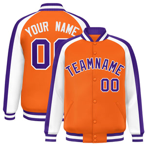 Custom Orange White Varsity Full-Snap Color Block Personalized Raglan Sleeves Letterman Jacket