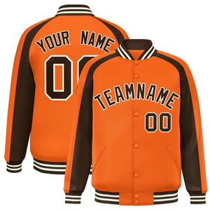 Custom Orange Brown Varsity Full-Snap Color Block Personalized Raglan Sleeves Letterman Jacket