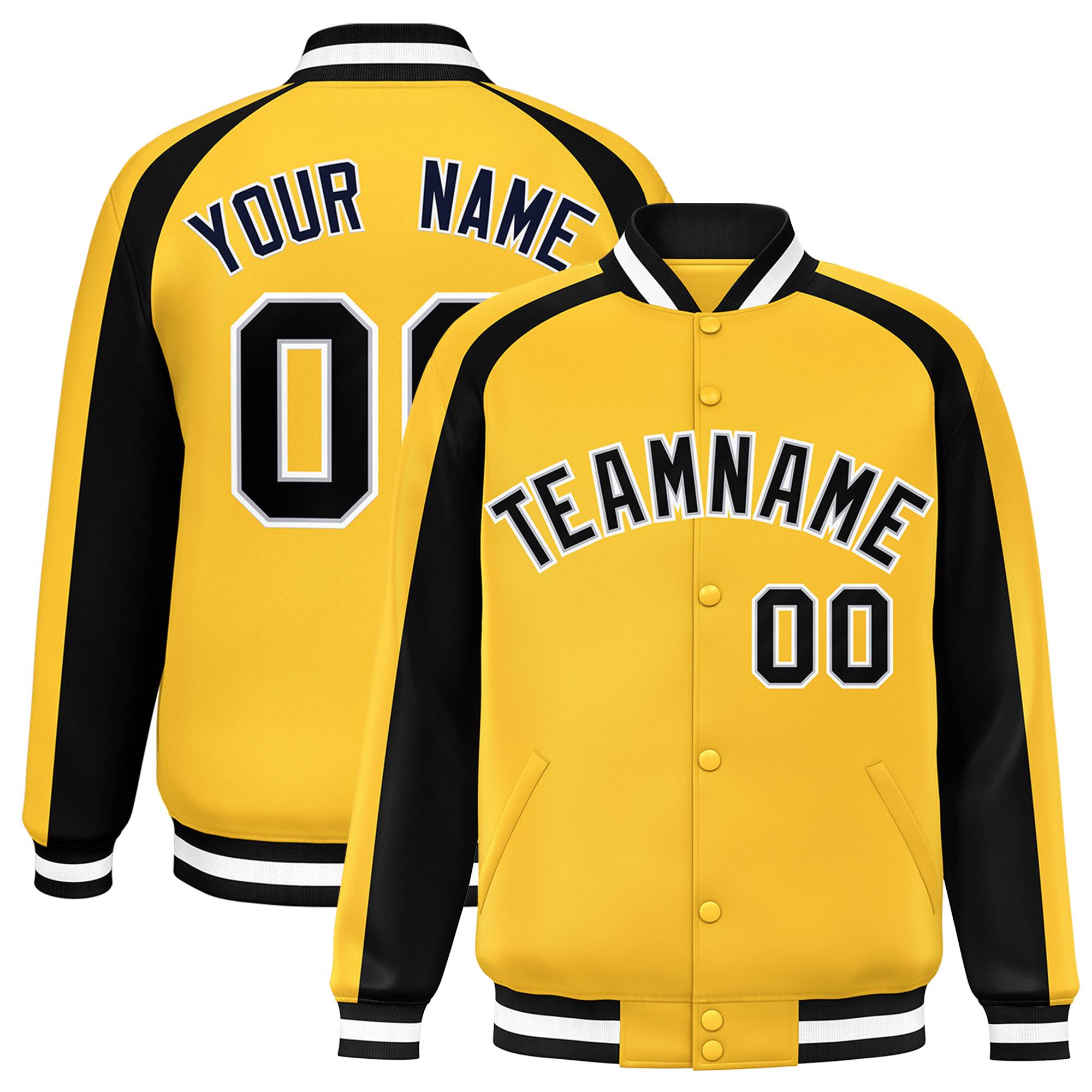 Custom Gold Black Varsity Full-Snap Color Block Personalized Raglan Sleeves Letterman Jacket