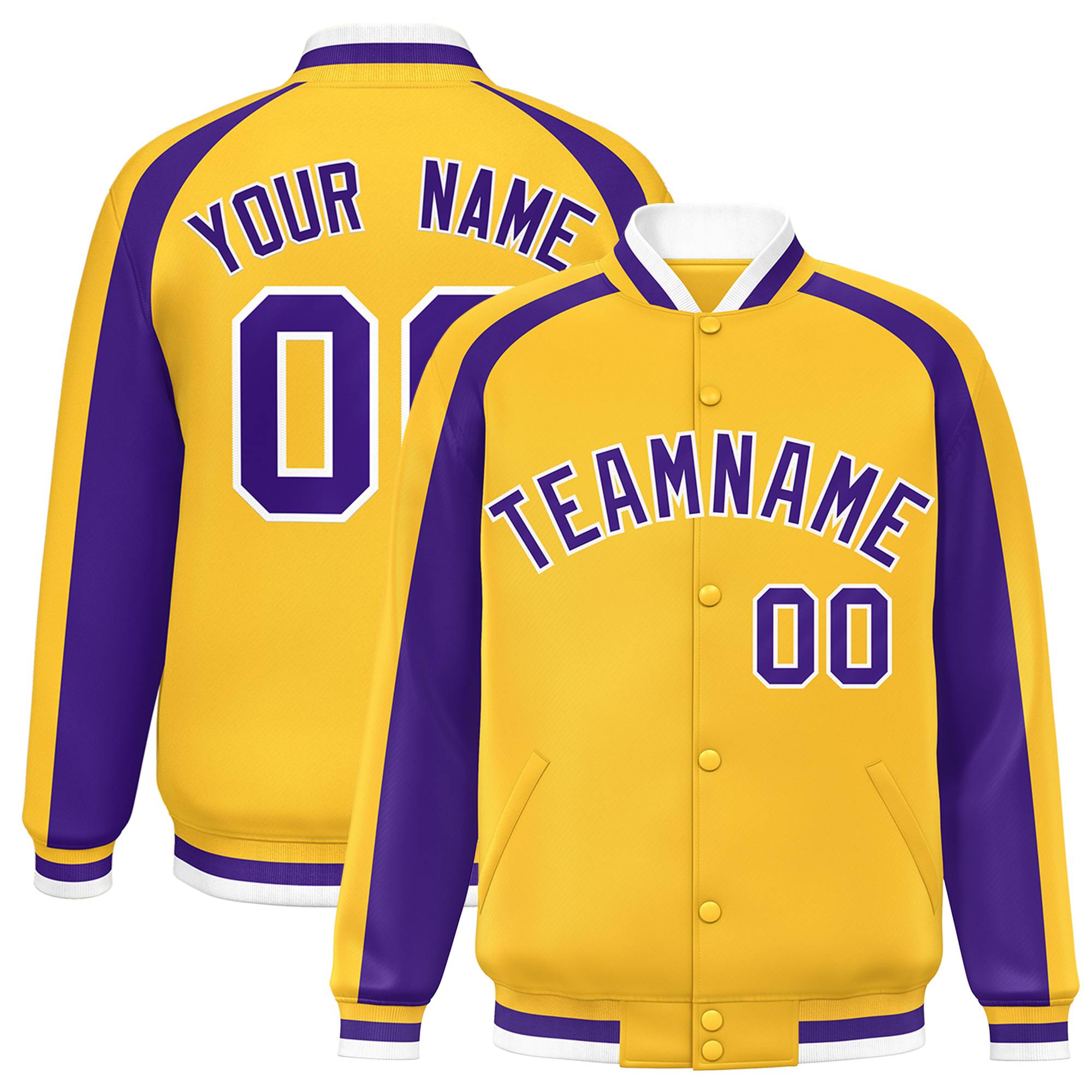 Custom Gold Purple Varsity Full-Snap Color Block Personalized Raglan Sleeves Letterman Jacket