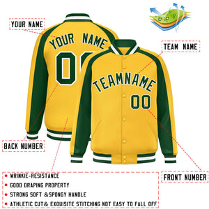 Custom Gold Green Varsity Full-Snap Color Block Personalized Raglan Sleeves Letterman Jacket