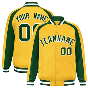 Custom Gold Green Varsity Full-Snap Color Block Personalized Raglan Sleeves Letterman Jacket