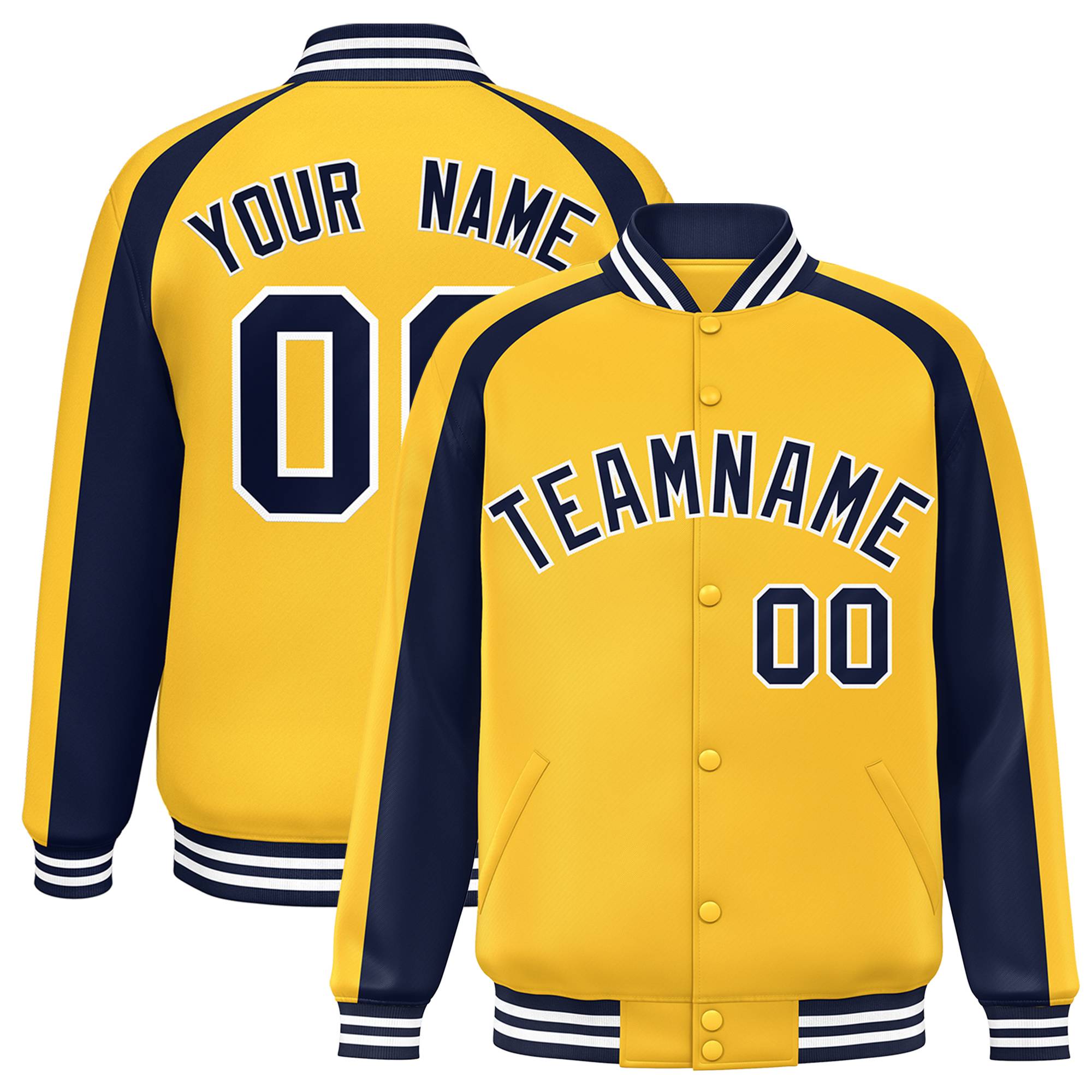 Custom Gold Navy Varsity Full-Snap Color Block Personalized Raglan Sleeves Letterman Jacket