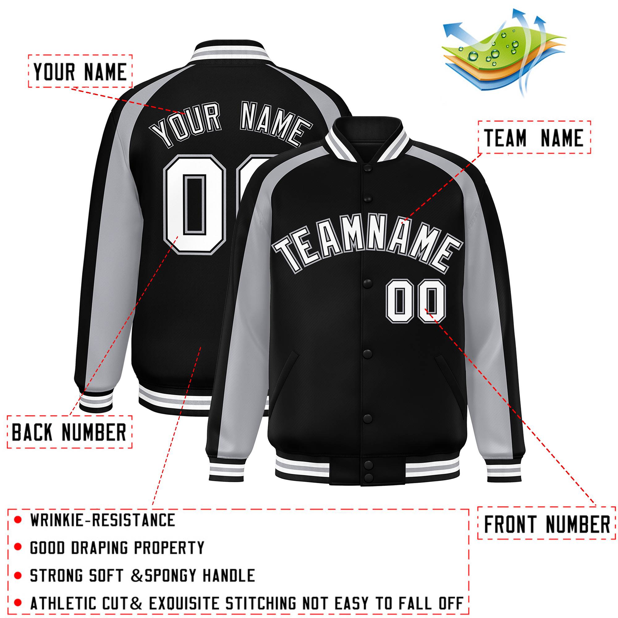 Custom Black Gray Varsity Full-Snap Color Block Personalized Raglan Sleeves Letterman Jacket