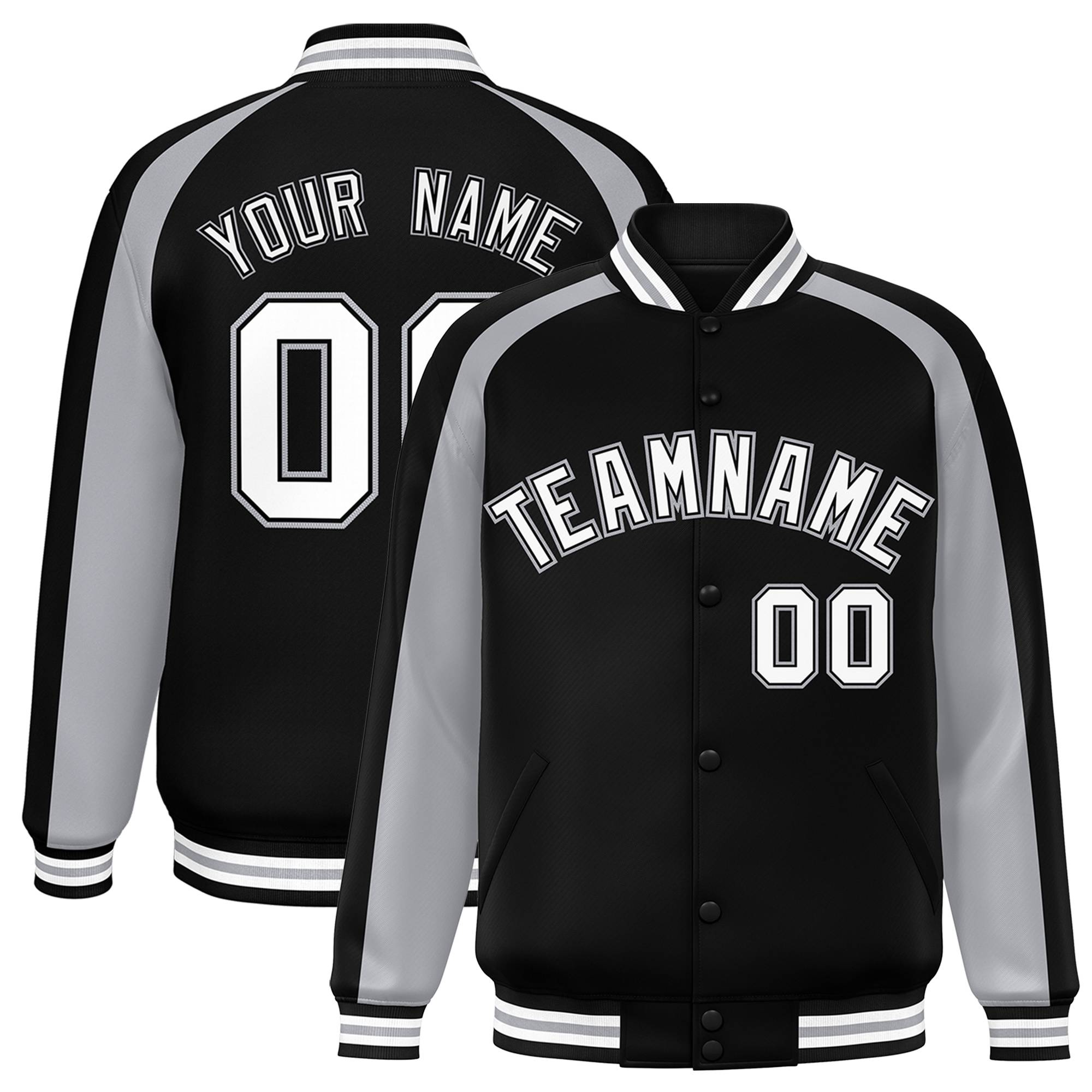 Custom Black Gray Varsity Full-Snap Color Block Personalized Raglan Sleeves Letterman Jacket