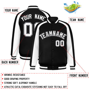 Custom Black White Varsity Full-Snap Color Block Personalized Raglan Sleeves Letterman Jacket