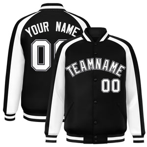 Custom Black White Varsity Full-Snap Color Block Personalized Raglan Sleeves Letterman Jacket