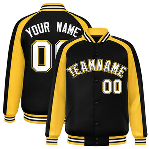 Custom Black Gold Varsity Full-Snap Color Block Personalized Raglan Sleeves Letterman Jacket