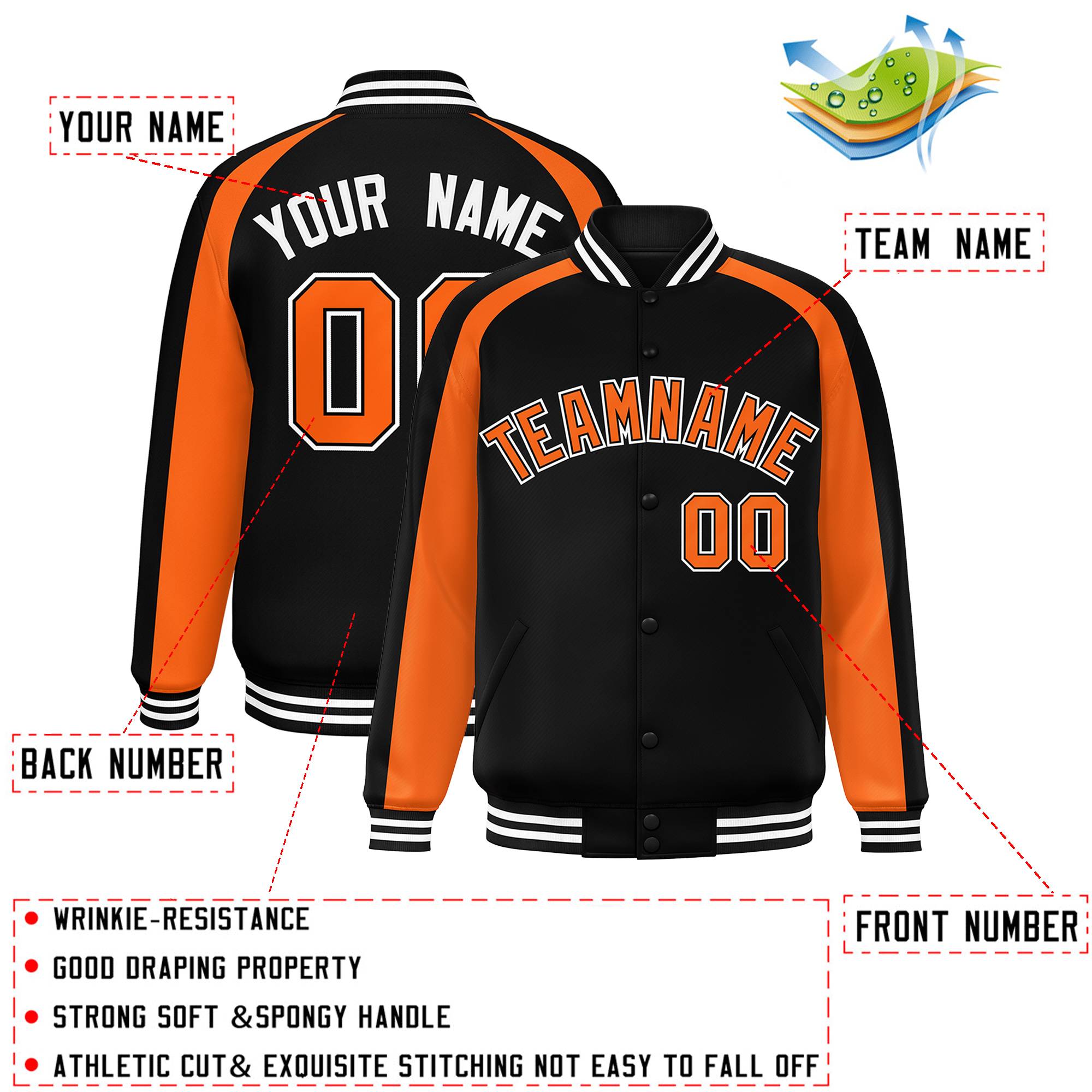 Custom Black Orange Varsity Full-Snap Color Block Personalized Raglan Sleeves Letterman Jacket