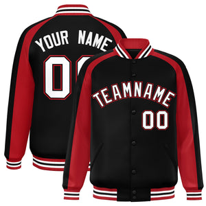 Custom Black Red Varsity Full-Snap Color Block Personalized Raglan Sleeves Letterman Jacket