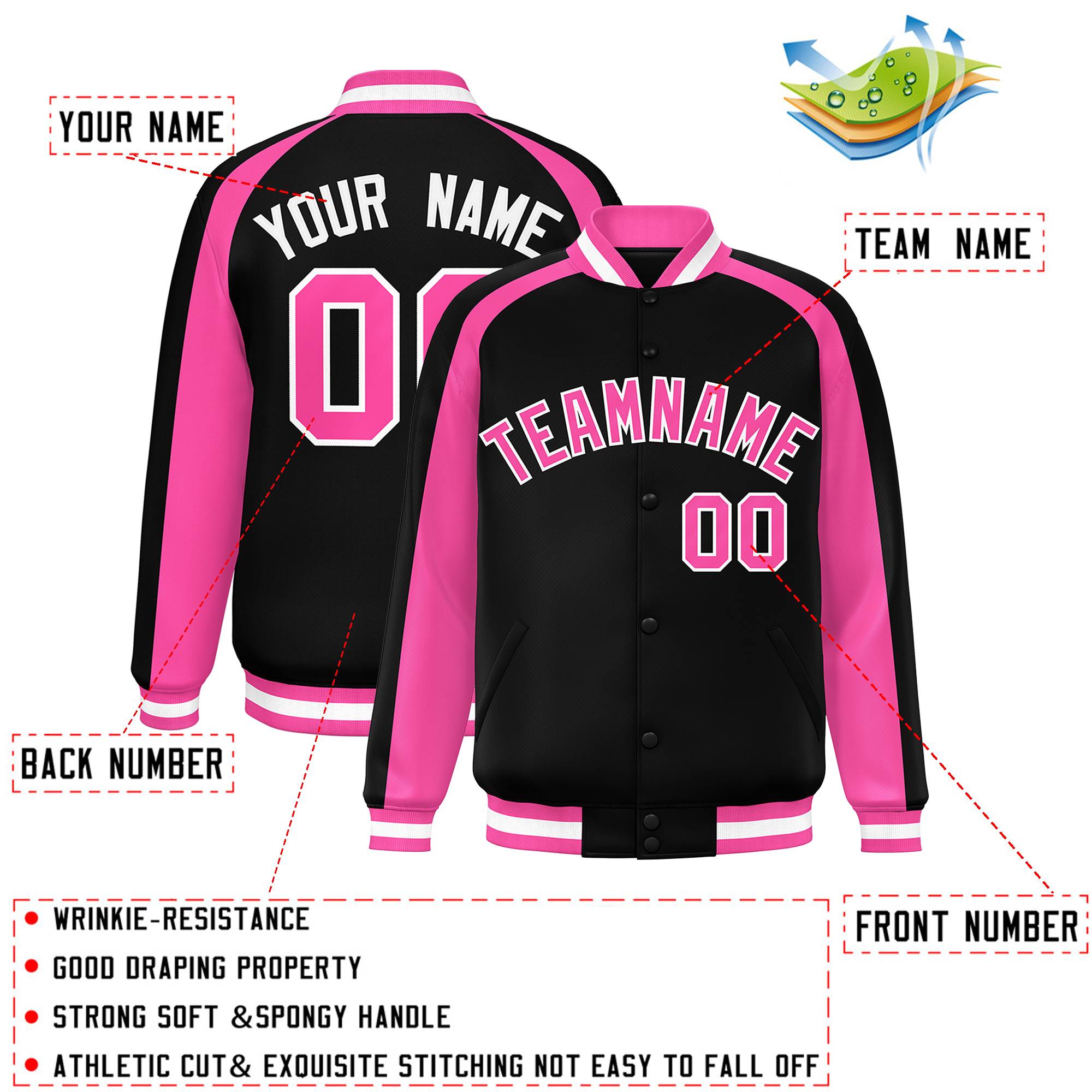 Custom Black Pink Varsity Full-Snap Color Block Personalized Raglan Sleeves Letterman Jacket