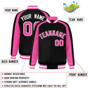 Custom Black Pink Varsity Full-Snap Color Block Personalized Raglan Sleeves Letterman Jacket