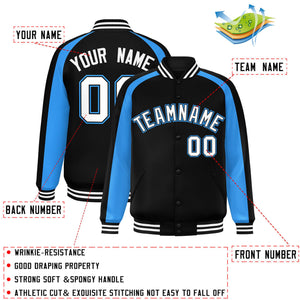 Custom Black Powder Blue Varsity Full-Snap Color Block Personalized Raglan Sleeves Letterman Jacket