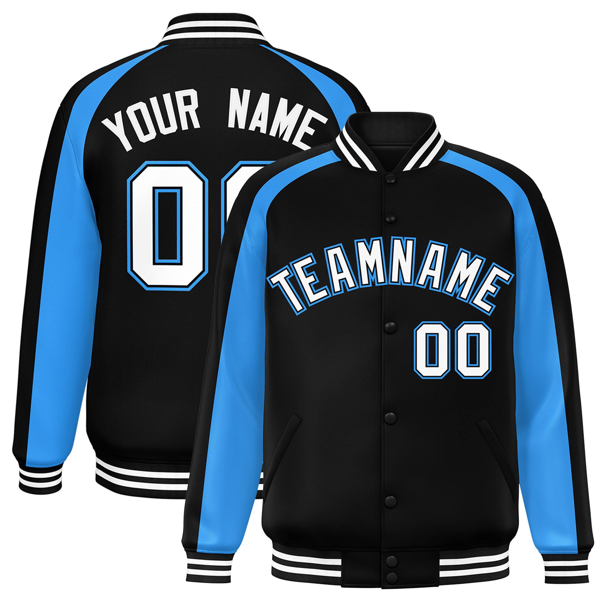 Custom Black Powder Blue Varsity Full-Snap Color Block Personalized Raglan Sleeves Letterman Jacket