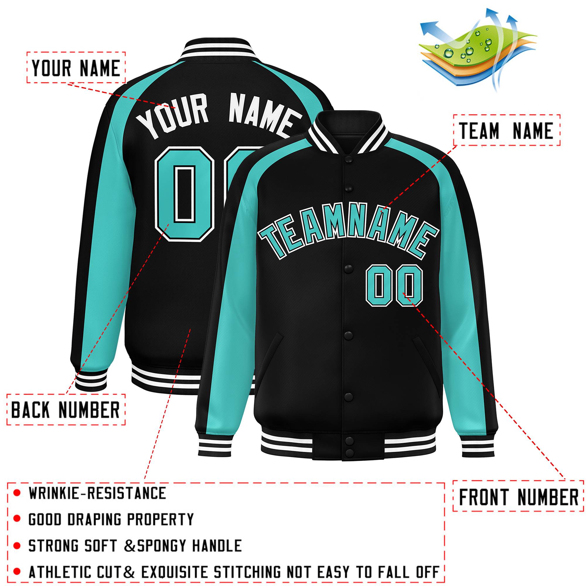 Custom Black Bright Green Varsity Full-Snap Color Block Personalized Raglan Sleeves Letterman Jacket