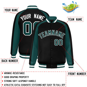 Custom Black Aqua Varsity Full-Snap Color Block Personalized Raglan Sleeves Letterman Jacket