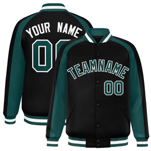 Custom Black Aqua Varsity Full-Snap Color Block Personalized Raglan Sleeves Letterman Jacket