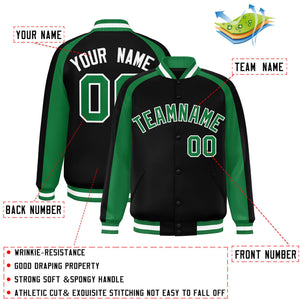 Custom Black Kelly Green Varsity Full-Snap Color Block Personalized Raglan Sleeves Letterman Jacket