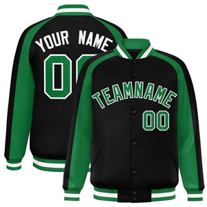 Custom Black Kelly Green Varsity Full-Snap Color Block Personalized Raglan Sleeves Letterman Jacket