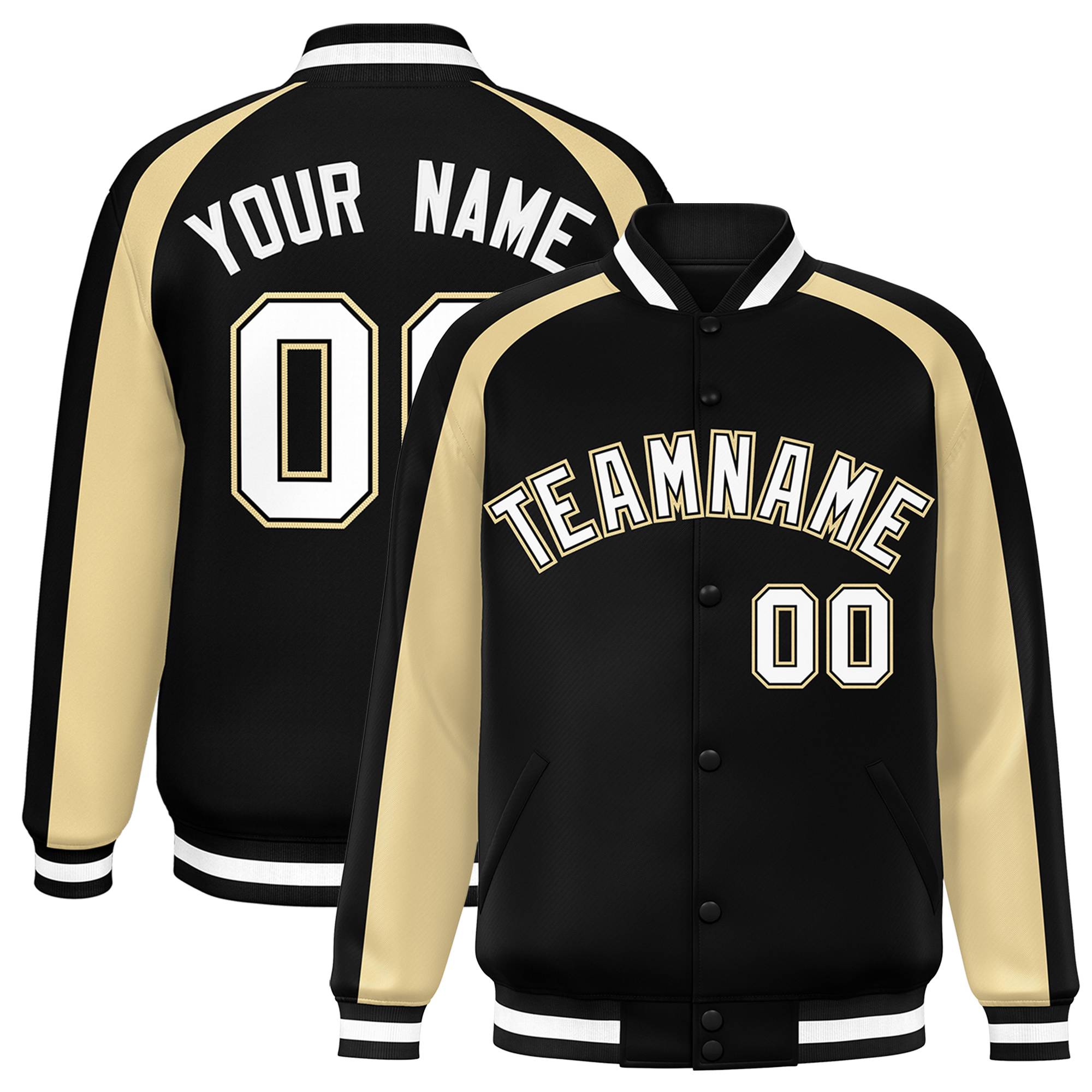 Custom Black Khaki Varsity Full-Snap Color Block Personalized Raglan Sleeves Letterman Jacket