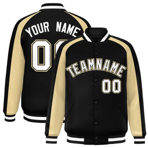 Custom Black Khaki Varsity Full-Snap Color Block Personalized Raglan Sleeves Letterman Jacket