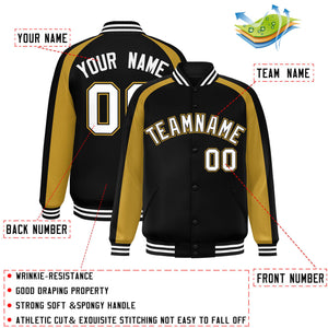 Custom Black Old Gold Varsity Full-Snap Color Block Personalized Raglan Sleeves Letterman Jacket