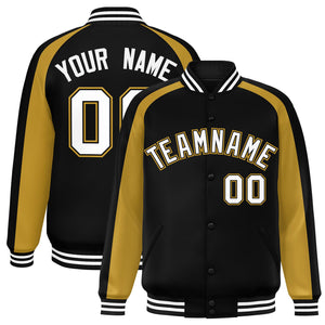 Custom Black Old Gold Varsity Full-Snap Color Block Personalized Raglan Sleeves Letterman Jacket