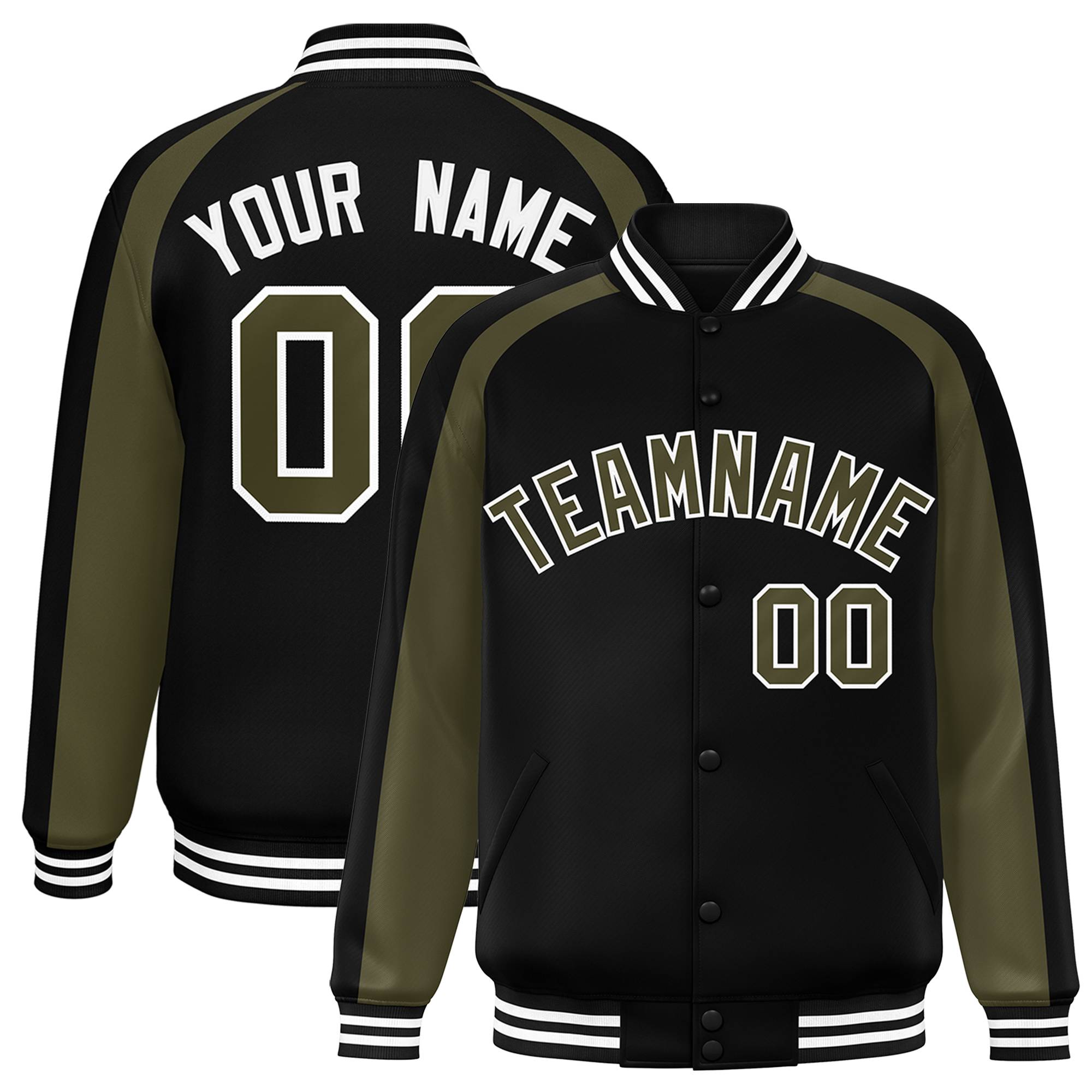 Custom Black Olive Varsity Full-Snap Color Block Personalized Raglan Sleeves Letterman Jacket