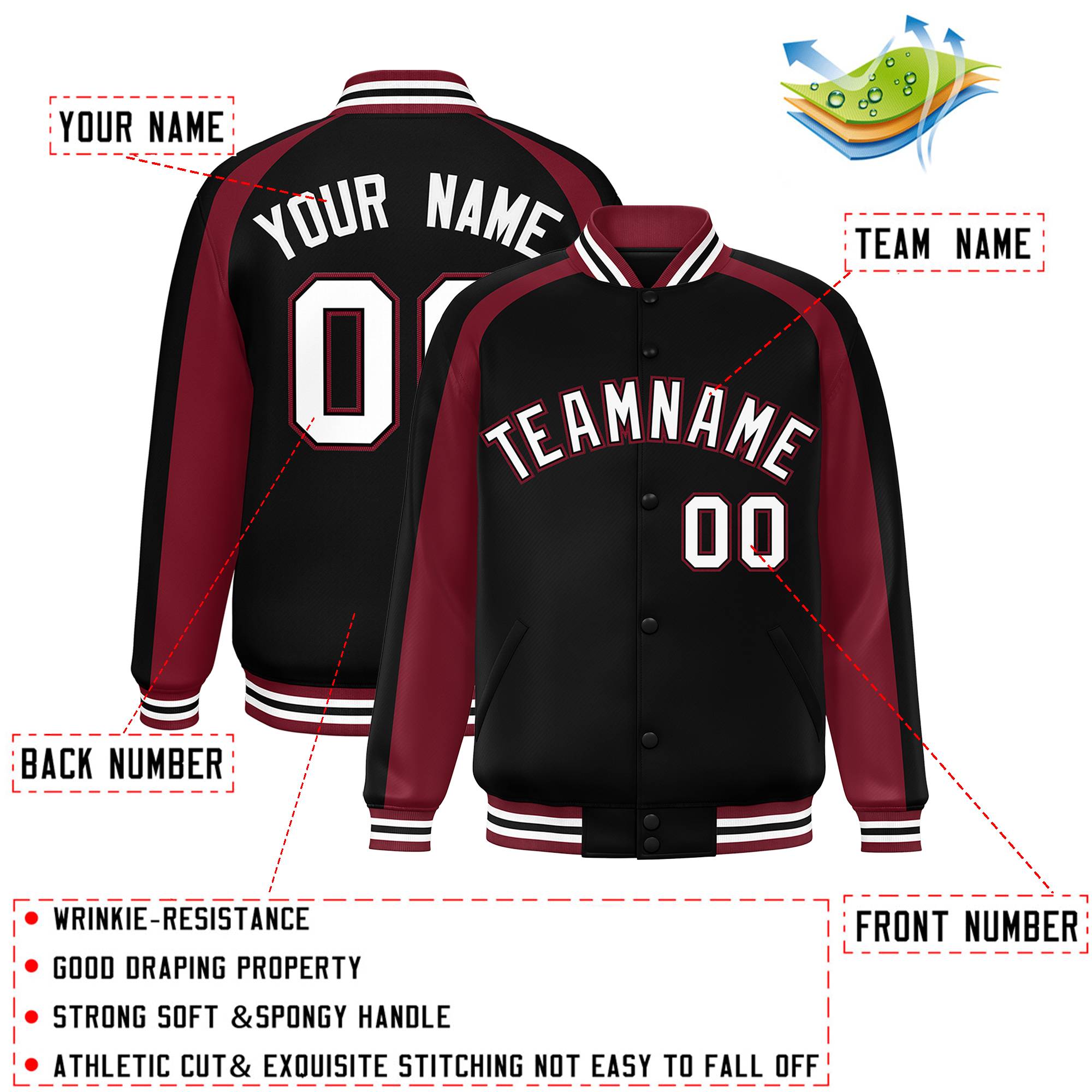 Custom Black Crimson Varsity Full-Snap Color Block Personalized Raglan Sleeves Letterman Jacket