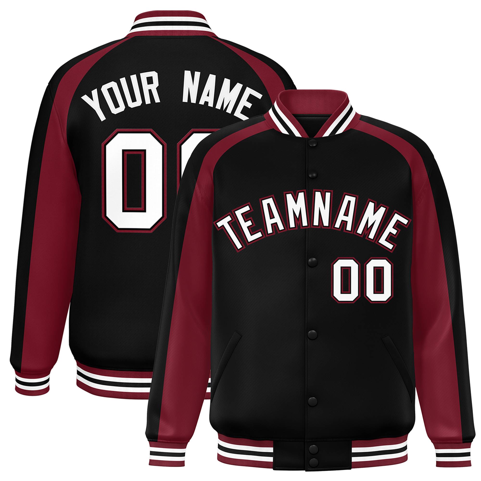 Custom Black Crimson Varsity Full-Snap Color Block Personalized Raglan Sleeves Letterman Jacket