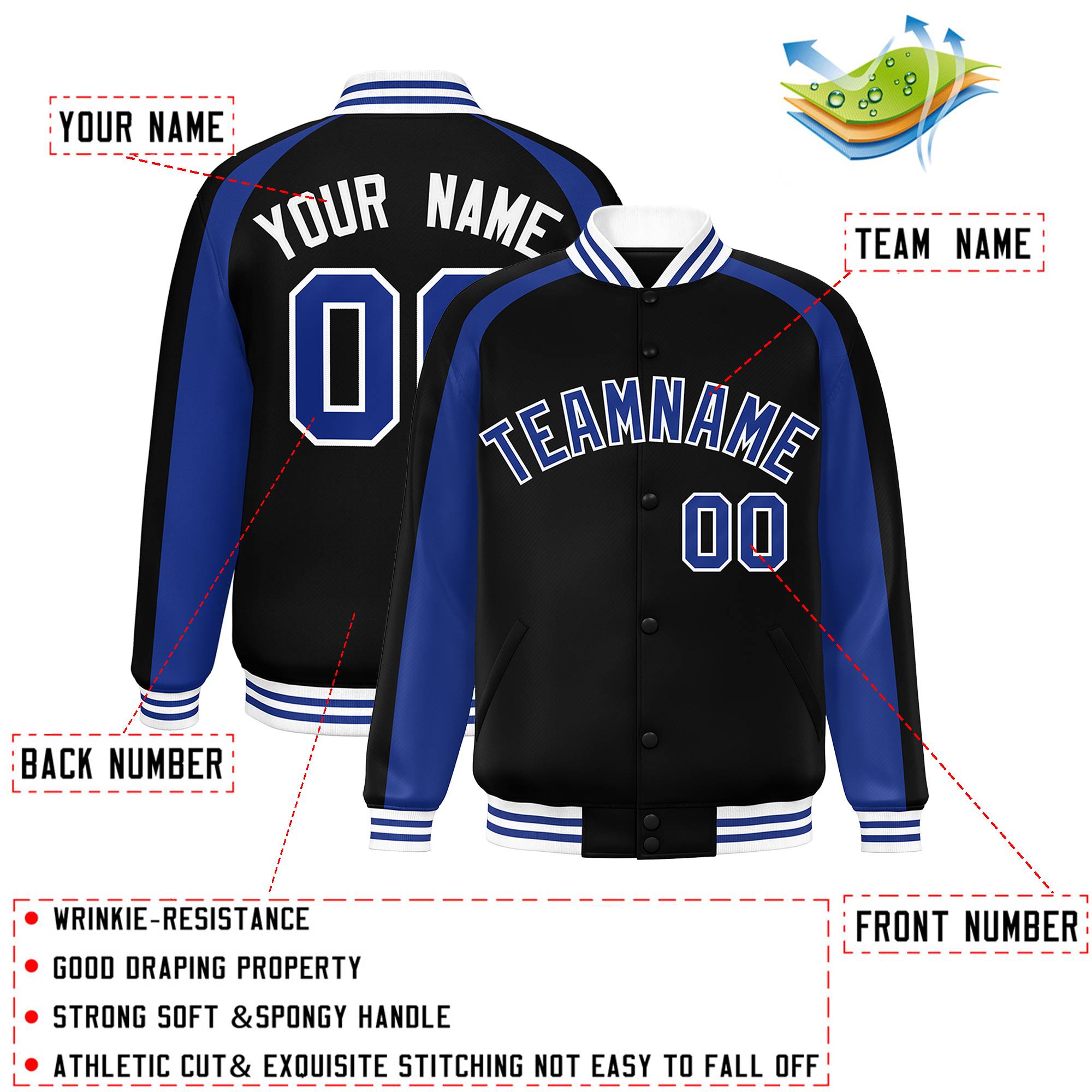 Custom Black Royal Varsity Full-Snap Color Block Personalized Raglan Sleeves Letterman Jacket