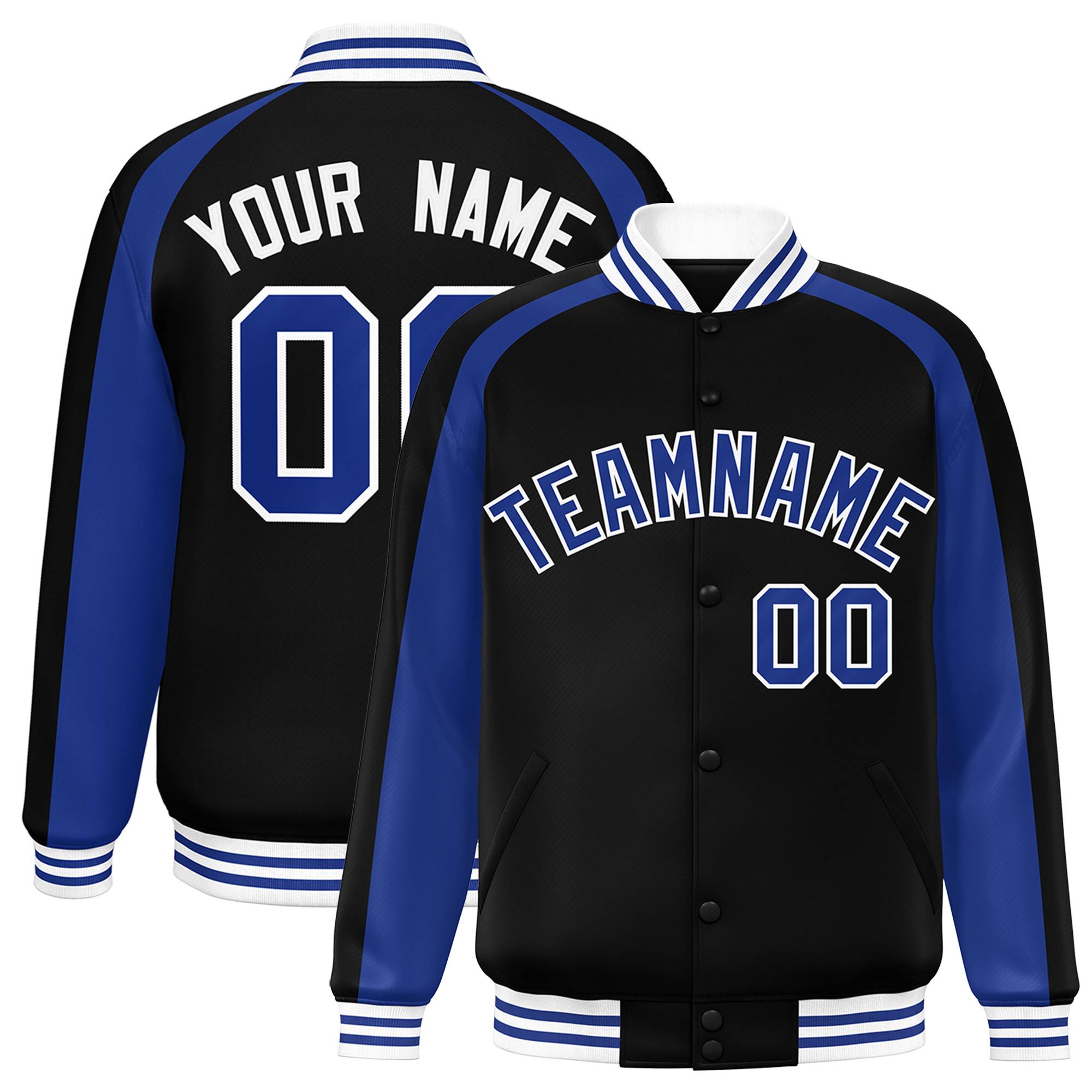 Custom Black Royal Varsity Full-Snap Color Block Personalized Raglan Sleeves Letterman Jacket