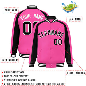 Custom Pink Black Varsity Full-Snap Color Block Personalized Raglan Sleeves Letterman Jacket