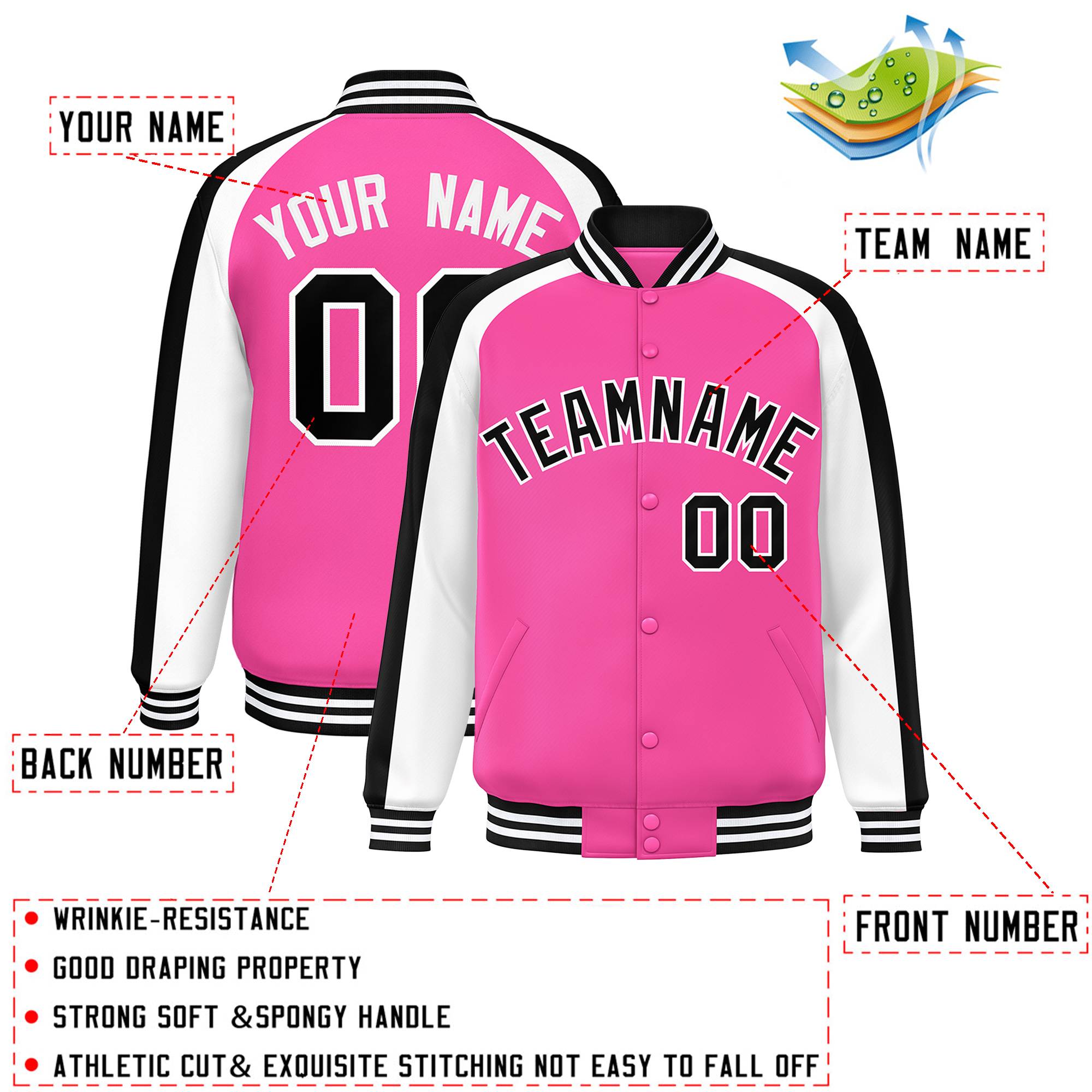 Custom Pink White Varsity Full-Snap Color Block Personalized Raglan Sleeves Letterman Jacket