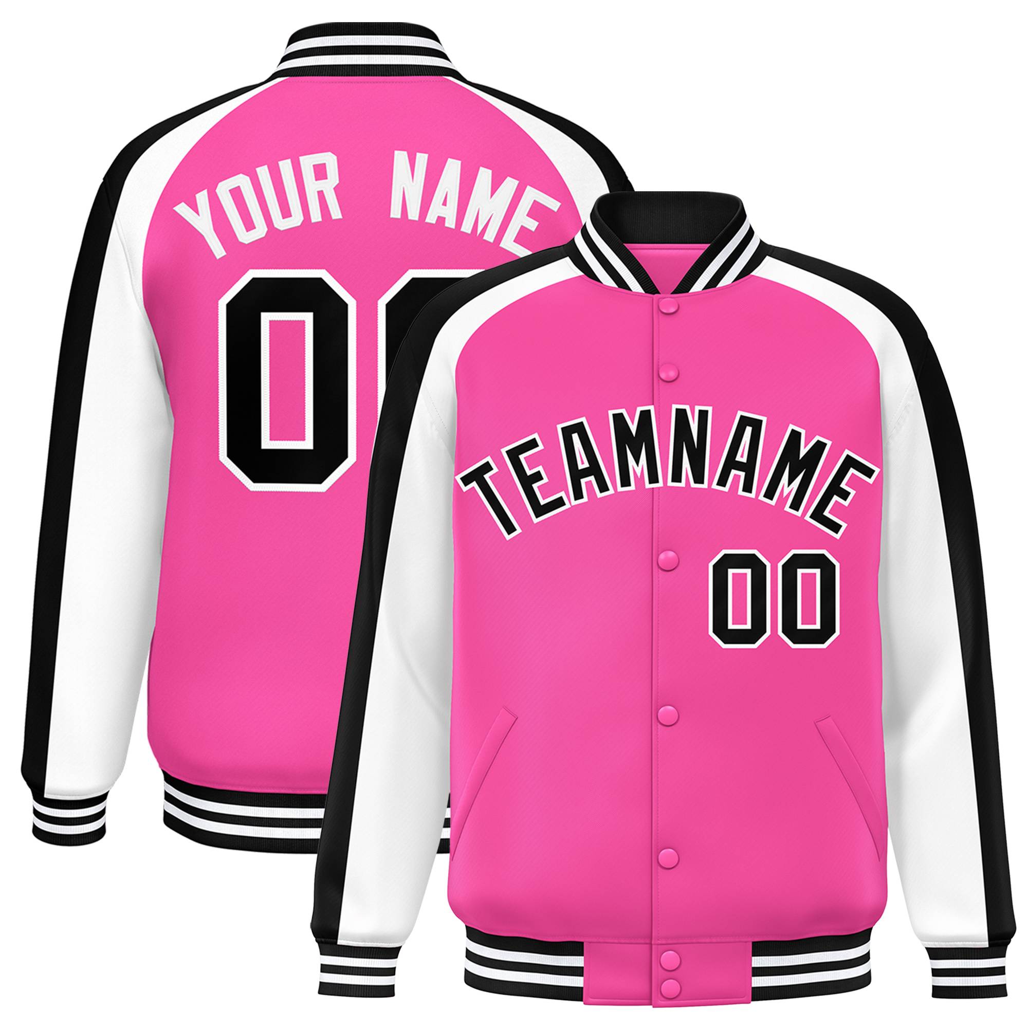 Custom Pink White Varsity Full-Snap Color Block Personalized Raglan Sleeves Letterman Jacket