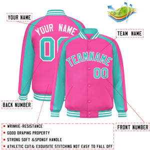 Custom Pink Neon Green Varsity Full-Snap Color Block Personalized Raglan Sleeves Letterman Jacket