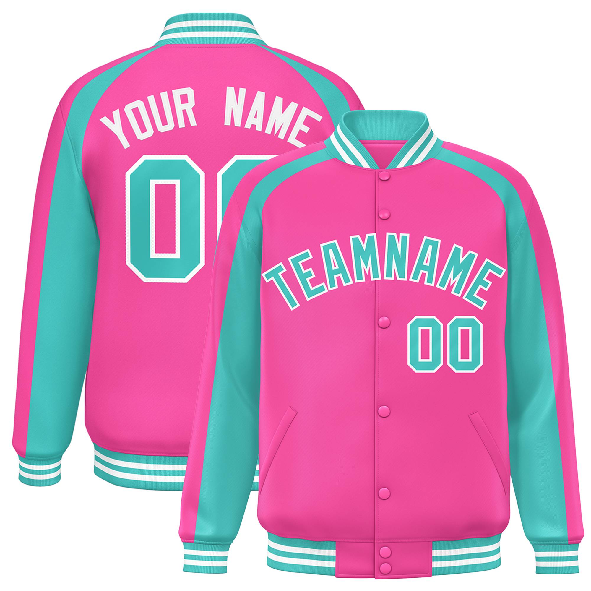 Custom Pink Neon Green Varsity Full-Snap Color Block Personalized Raglan Sleeves Letterman Jacket