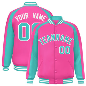 Custom Pink Neon Green Varsity Full-Snap Color Block Personalized Raglan Sleeves Letterman Jacket