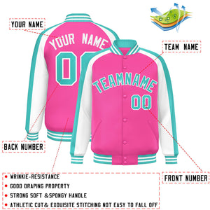 Custom Pink White Varsity Full-Snap Color Block Personalized Raglan Sleeves Letterman Jacket