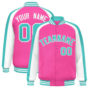 Custom Pink White Varsity Full-Snap Color Block Personalized Raglan Sleeves Letterman Jacket