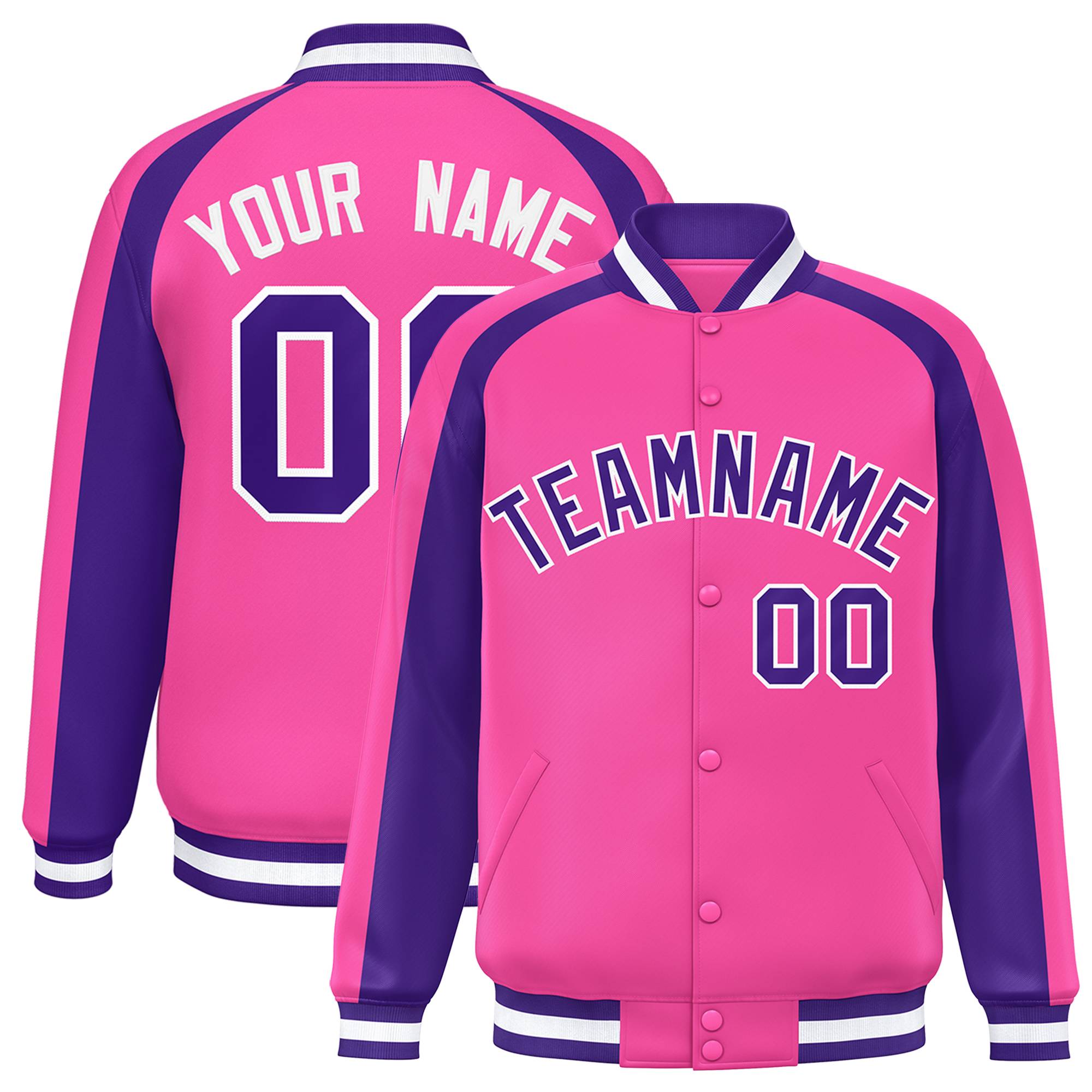 Custom Pink Purple Varsity Full-Snap Color Block Personalized Raglan Sleeves Letterman Jacket