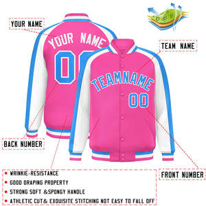 Custom Pink White Varsity Full-Snap Color Block Personalized Raglan Sleeves Letterman Jacket