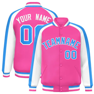 Custom Pink White Varsity Full-Snap Color Block Personalized Raglan Sleeves Letterman Jacket