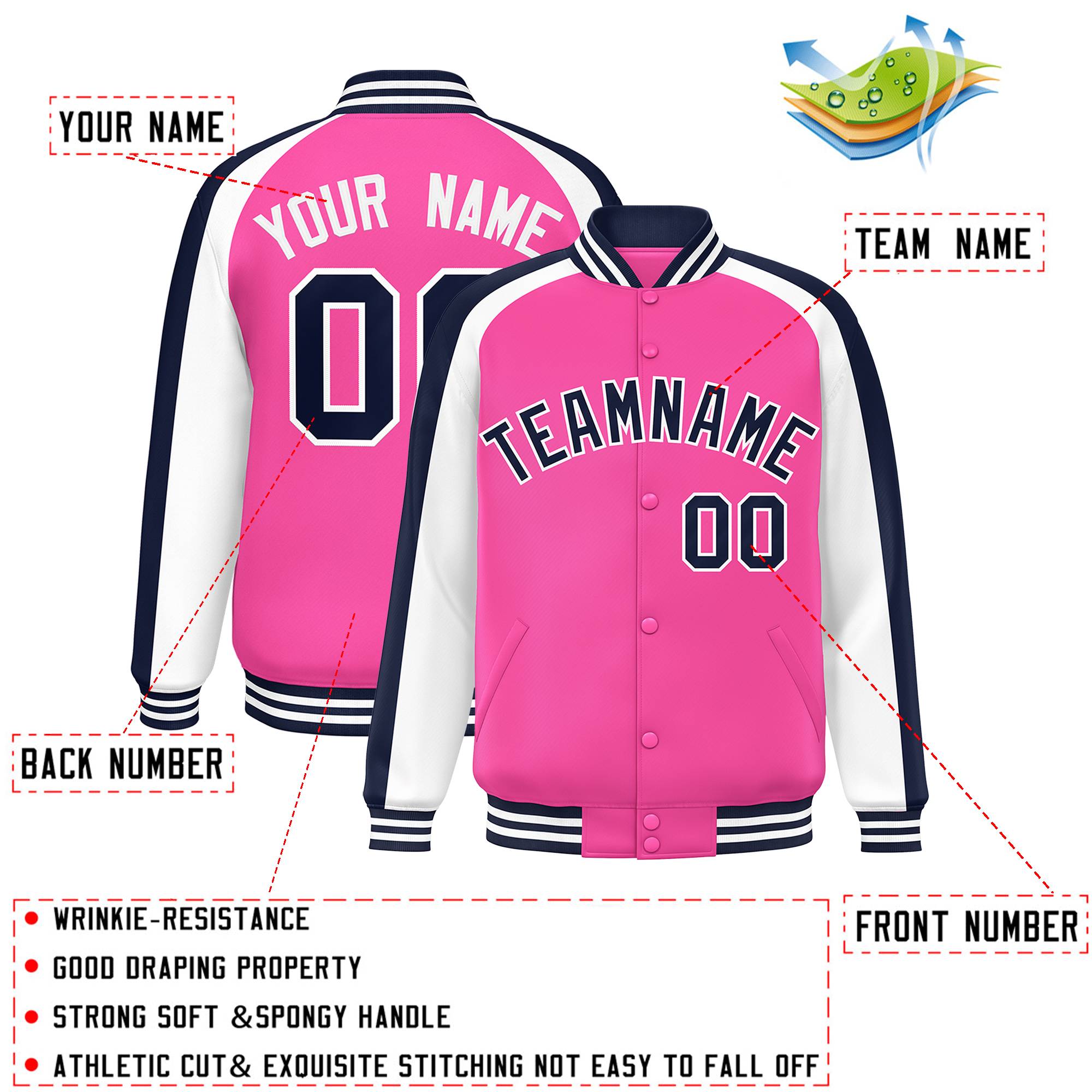 Custom Pink White Varsity Full-Snap Color Block Personalized Raglan Sleeves Letterman Jacket